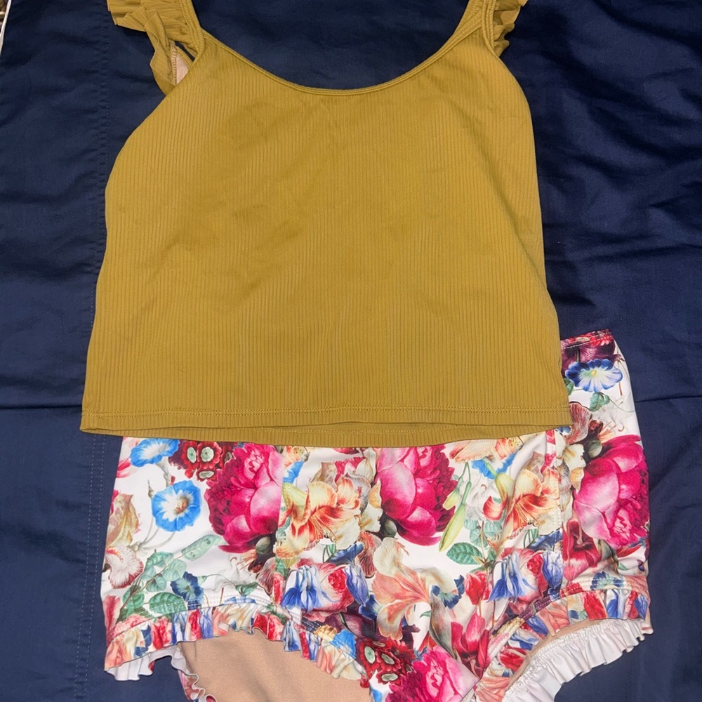 Mustard Ribbed Crop Top with Floral High-Waist Bottoms